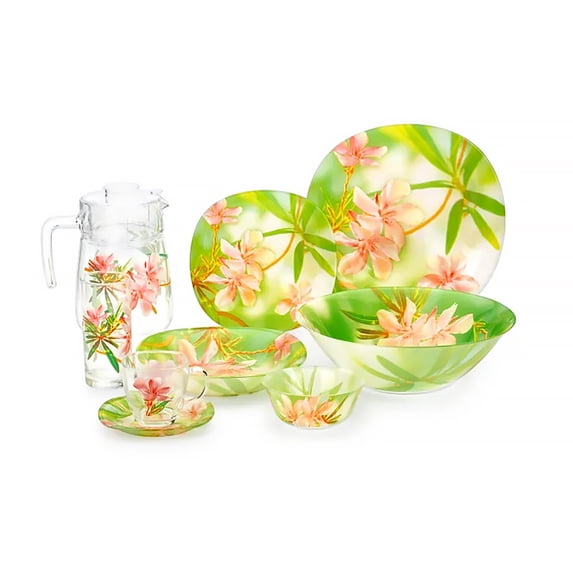 Carina Freesia Glass Dinnerware Set of 44 for 6 pers. Dinner Plates Deep Plate Dessert Plates Salad Bowls Decanter with Glass Mug and Saucer