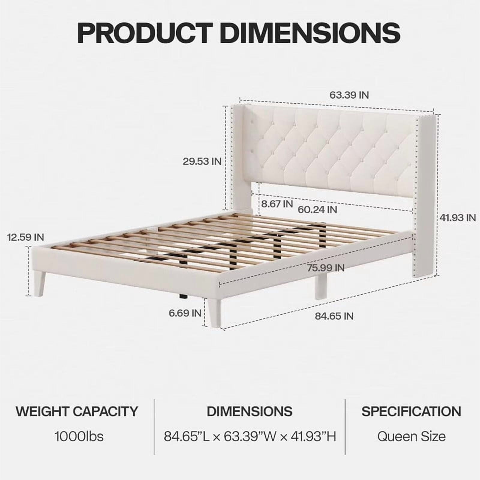 Queen Size Upholstered Platform Bed Frame with Wingback Headboard, Diamond Tufting, and LED Lights - Wood Slat Support, No Box Spring Needed, Easy Assembly, Noise-Free, Beige