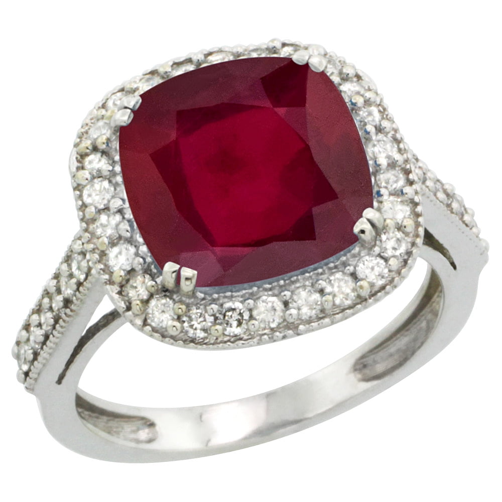 10k White Gold Diamond and Enhanced Genuine Ruby Ring Cushion-cut 10x10mm, size 5 by Gabriella Gold
