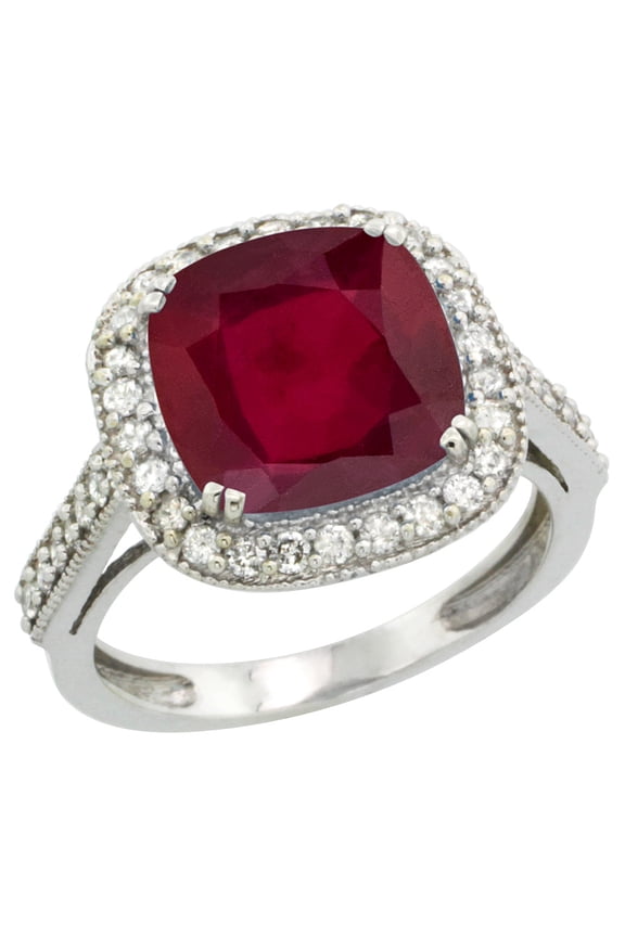 14K White Gold Diamond and Enhanced Genuine Ruby Ring Cushion-cut 10x10mm, size 5.5
