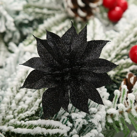 ERDOUY 15 Pcs Christmas Glitter Flowers Christmas Tree Ornaments Shining Artificial Poinsettia Christmas Flowers Decoration with Clips for Xmas Holiday Wedding Wreath Party Floral Decorations(Black)