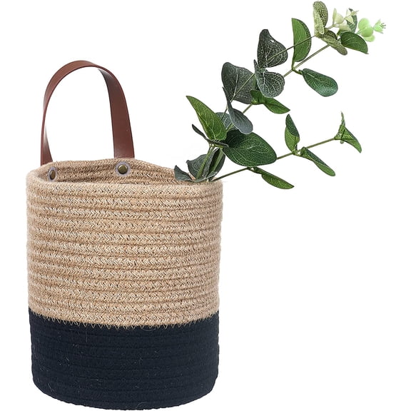 Wall Hanging Storage Baskets - Small Cotton Rope Woven Closet Storage Bins-Shelf Basket Organizer for Plants, Towels,Toys - 6.3" x 7" (Jute & Black)