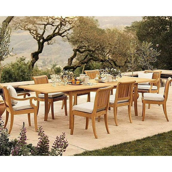 Teak Dining Set:8 Seater 9 Pc - 117" Double Extension Rectangle Table & 8 Giva Chairs (6 Armless & 2 Arm / Captain) Outdoor Patio Grade-A Teak Wood WholesaleTeak #WMDSGVh
