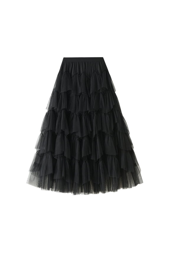 Tulle Skirts for Women High Waist Layered Floral Print Brown Skirt Mesh A-Line Midi Layered Ruffles Mesh Skirt