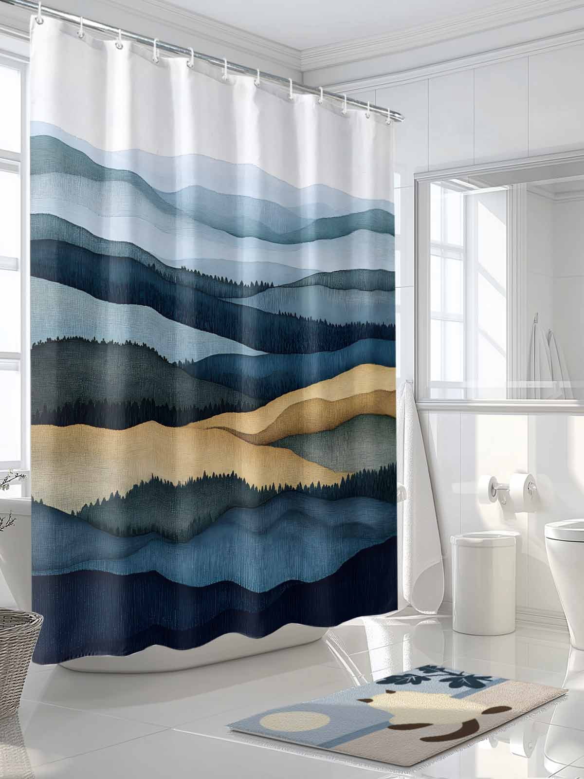 Boanket Polyester Fabric Mountains Blue Gold Shower Curtain, Modern Green Forest Trees Waterproof Bathtub Curtain Bathroom Decor Set with Hooks 72 x 72 Inches,