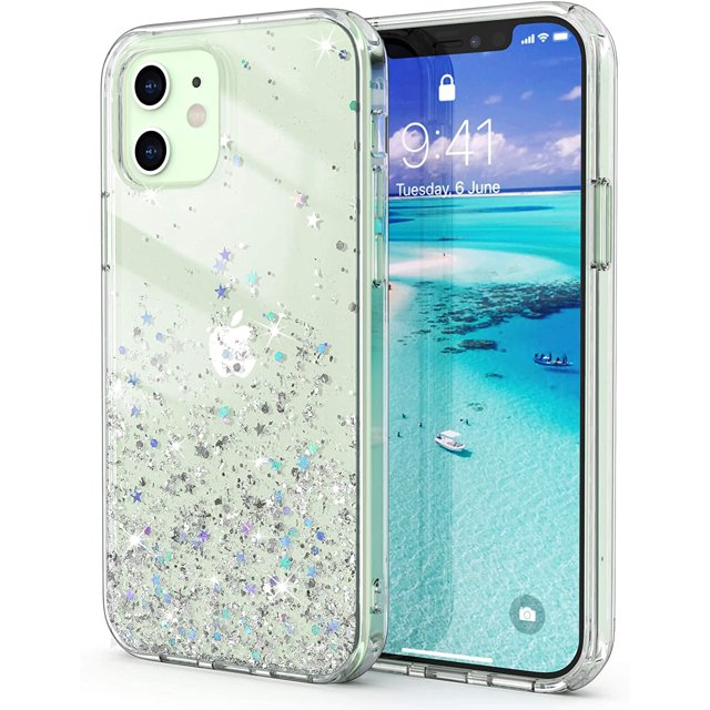 HSHDLDF Étui Transparent à Paillettes Compatible avec iPhone 12 Pro, iPhone 12 Étui Arrière Rigide Scintillante + Pare-Chocs Souple en TPU Femmes Filles Antichoc Étui de Téléphone Protectrice Conçue pour iPhone 12/12 Pro 6,1 Pouces, Argent