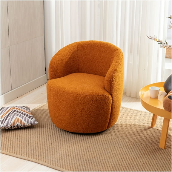 JERFIT Modern Swivel Accent Chair with Plush Wool Upholstery, 360-Degree Rotation Barrel Chair for Living Room, Caramel