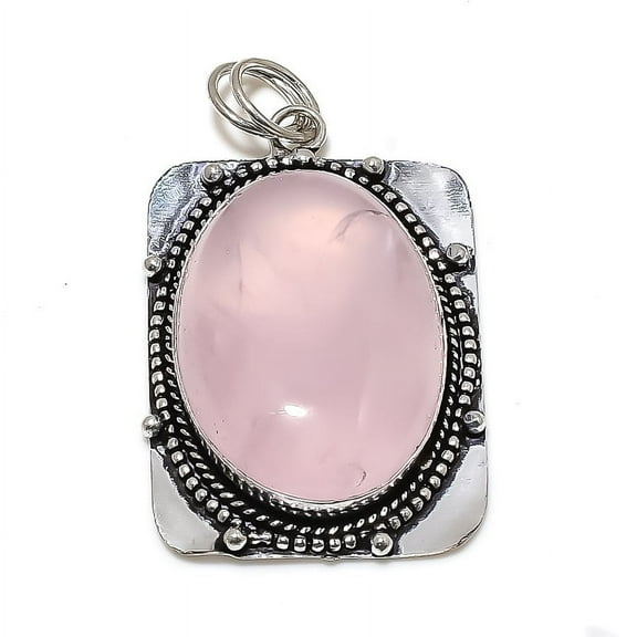 Natural Rose Quartz Gemstone Handmade 925 Sterling Silver Pendant 2.17"