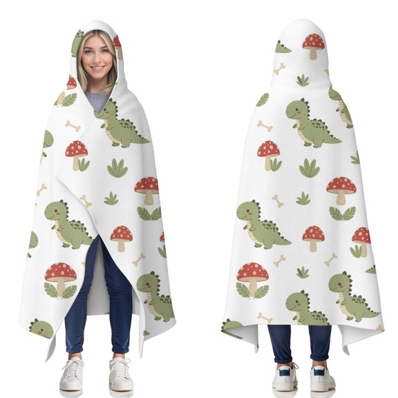 Wearable Blanket,White Cartoon Dinosaurs Mushrooms Pattern Hooded Wearable Flannel Blanket for Adults & Teens,Winter Poncho Shawl Wrap Cape Cozy Anti-Pill,50"x60"