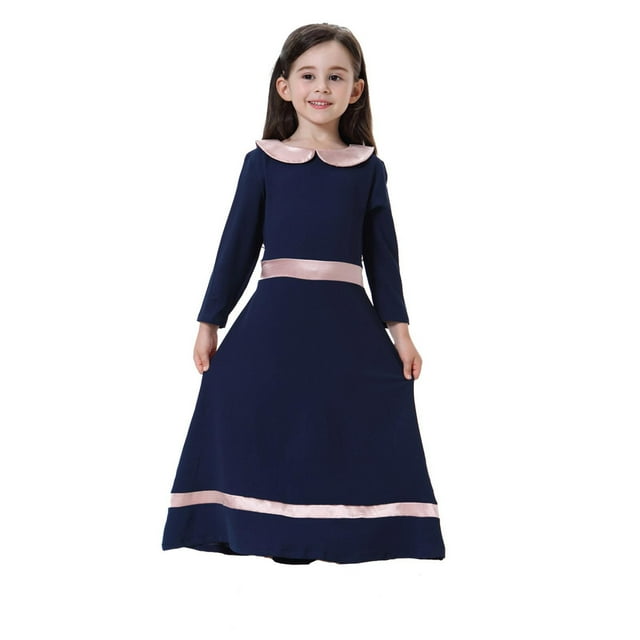 MIASHUI Robe d'Été Élégante pour Fille avec Manches Longues Contrastées et Jupe Fluide Bleu Foncé, 12-24 Mois