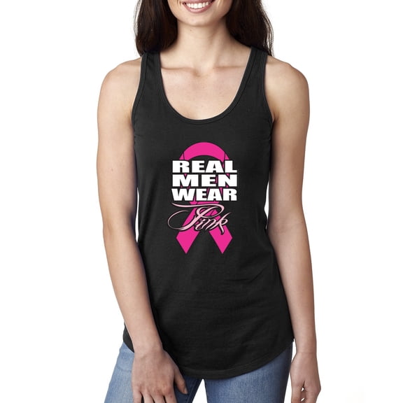 Wild Bobby, Real Men Wear Pink Breast Cancer Awareness Women Racerback Tank Top, Black, Small