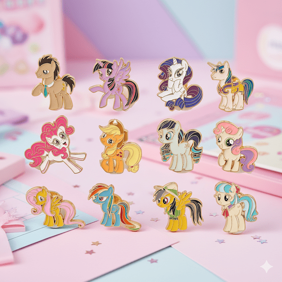 12-Piece Fantasy Pony Enamel Pin Set - Cartoon Horse Character Badges for Jackets, Bags & Collections