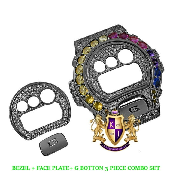 Solitaire Rainbow Multi Black Gold G Shock DW-6900 Simulated Diamond Watch Custom Cover Case Face Plate   Bezel   G Button 3 Piece Set