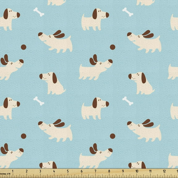 Dog Lover Fabric by the Yard Upholstery, Cartoon Animal Pattern with Playful Puppy Ball and Bone, Decorative Fabric for DIY and Home Accents, 10 Yards, Pale Blue Redwood by Ambesonne