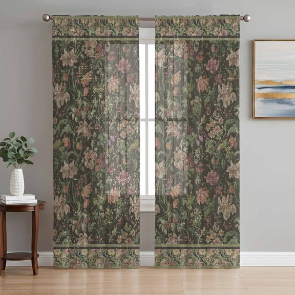 Sage Green Floral Sheer Curtains 84 Inch Length 2 Panels Set Window Treatments, Ethnic Tribe Abstract Art Flowers Rod Pocket Semi Curtains for Living Room/Bedroom/Kitchen Décor, 104"W x 84"L