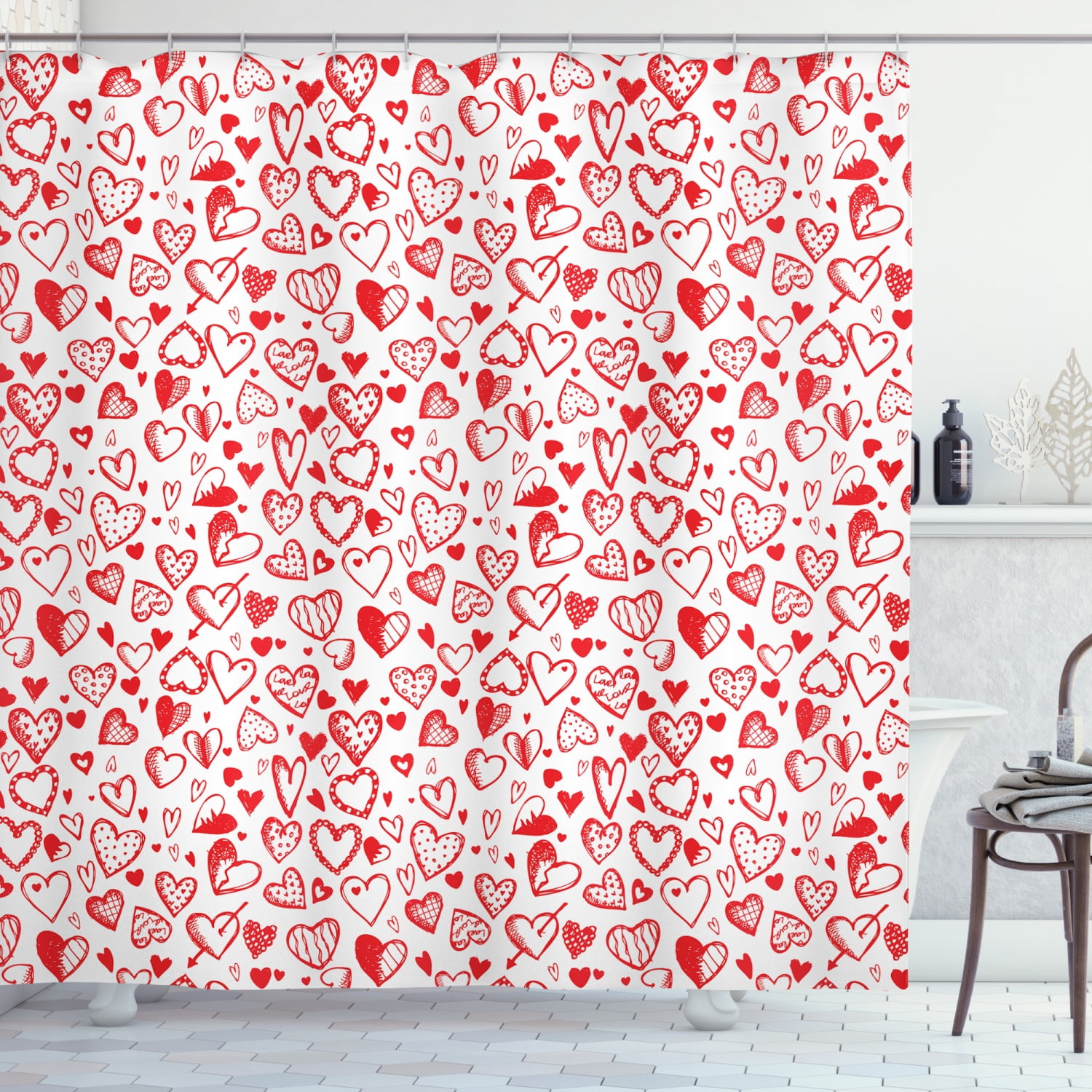 Ambesonne Valentines Shower Curtain, Red and White Sketch, 69"Wx75"L