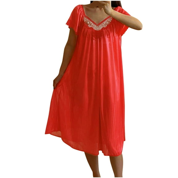 Fancifize Women Nightgowns Short Sleeve Silk Sleepwear Lace V Neck Casual Dresses Loose Pajamas Nightshirt Soft Nightdress