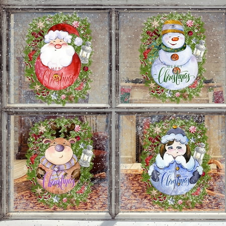 Sprifallbaby 4 Pcs Christmas Decorative Stickers Santa Claus Snowman Elk Little Girl Pattern Window Wall Stickers Home Party Decorations