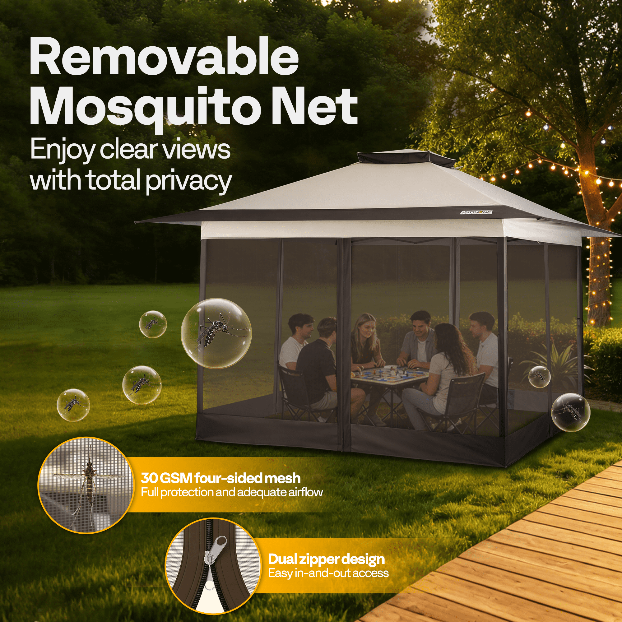 SPECSTAR Pop Up Gazebo 11x11ft Outdoor Canopy Tent with Mosquito Netting, 2 Tiers Roof and Center Lock for Patio Garden Backyard, Beige