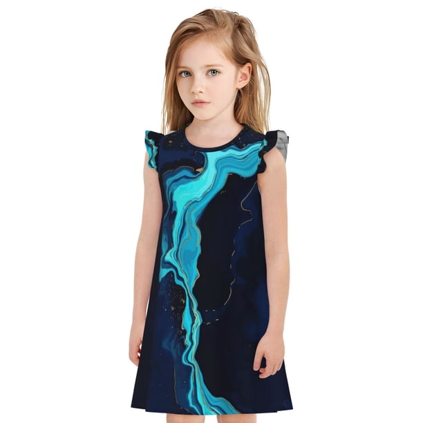 Fotbe Blue Marble And Gold Vestido de Dormir para Niñas de 3 a 10 Años, Mangas Cortas, Estilo Princesa, Pijama Camisón con Mangas Voladas-Small