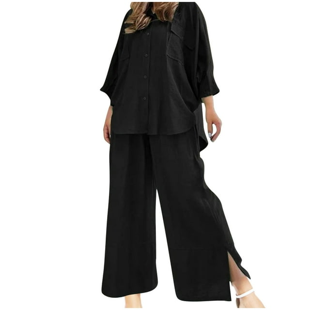 Wlynlyn Womens Plus Size Cotton Linen Sets Long Sleeve Button down Shirts Side Split Wide Leg Pants Matching Lounge Set S-5XL