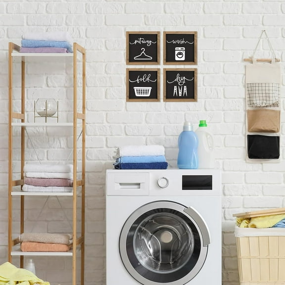 Set of 4 Laundry Signs Wall Decor Art With Wood Framed, 8 Inch Wooden Wash Dry Fold Put Away Sign, Rustic Farmhouse Laundry Room Shelf Artwork Accessories