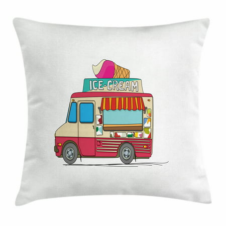 Truck Throw Pillow Cushion Cover, Ice Cream Truck Colorful Illustration Business Idea Cartoon Style Cutaway Vehicle, Decorative Square Accent Pillow Case, 18 X 18 Inches, Multicolor, by Ambesonne