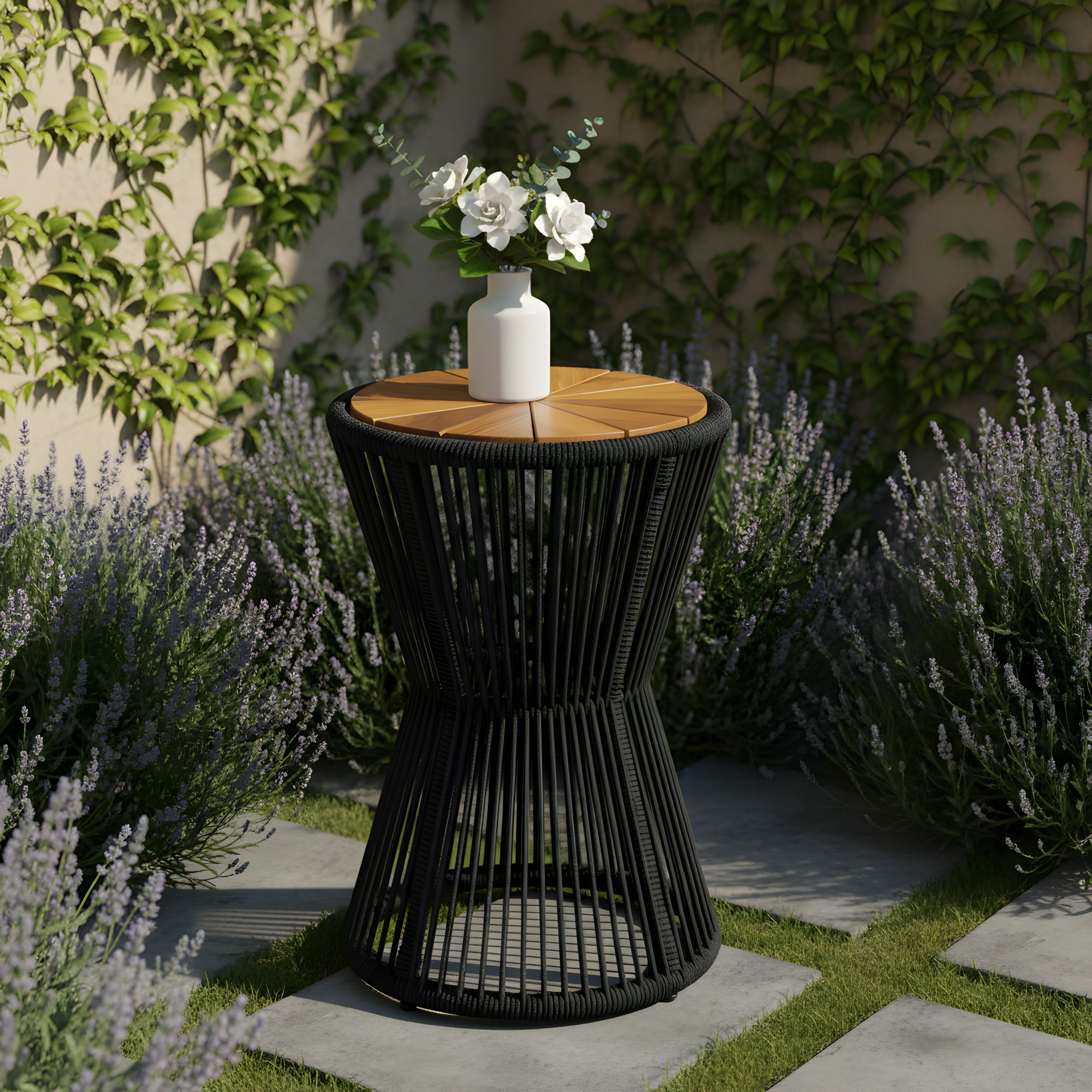 Side Table, Outdoor Black Rope and Acacia Wood Hourglass Design Table for Patio Deck, Teak