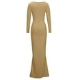 thumbnail image 5 of Ygbgbb Womens Fall Bodycon Dresses Long Sleeve Dresses Pleated Slim Waist Fishtail Maxi Dress Solid Color Round Neck Khaki L, 5 of 7