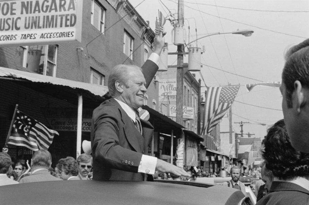 President Gerald Ford Campaigns From The Sunroof Of A Car In