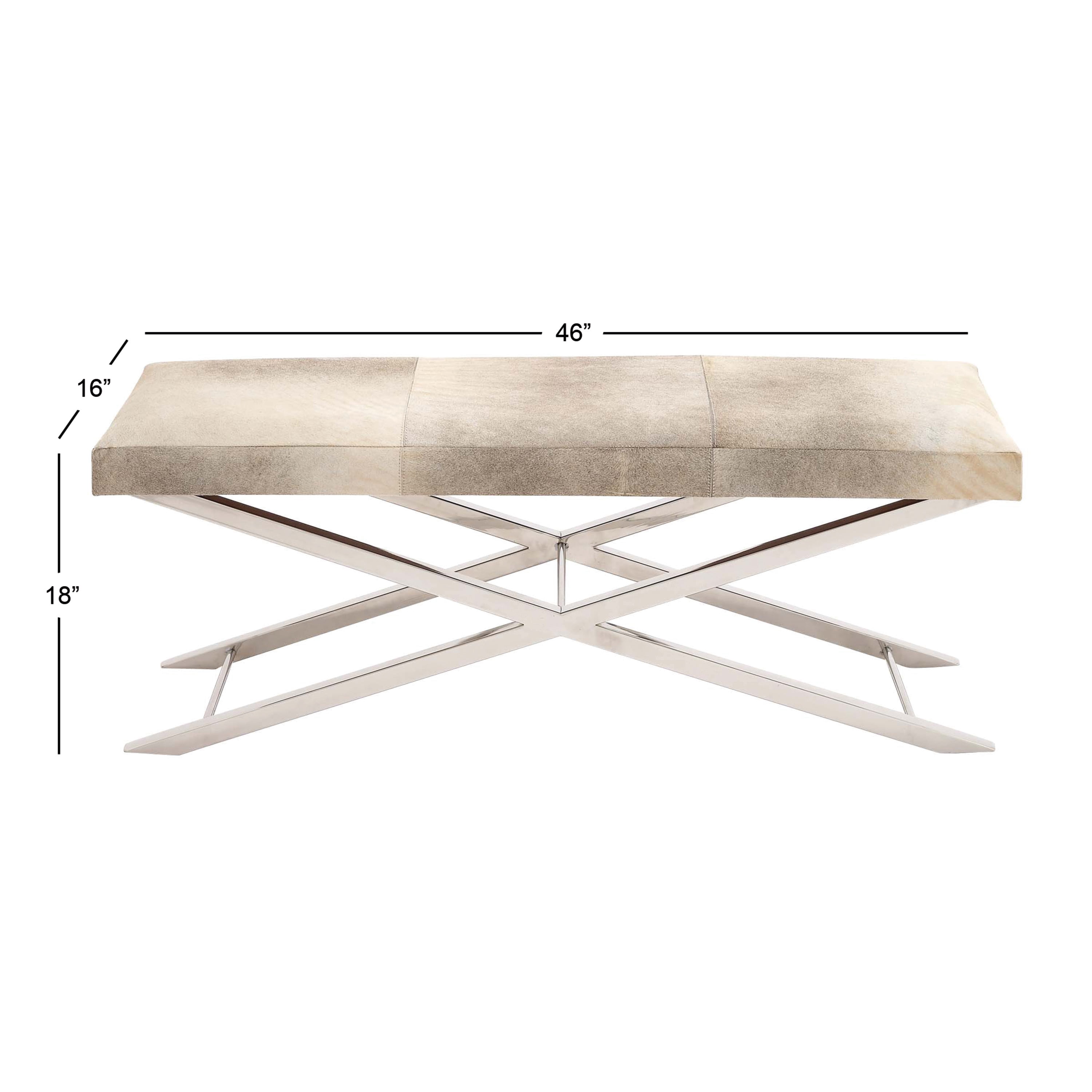 DecMode Stainless Steel Bench with Hair on Hide Seat, Beige