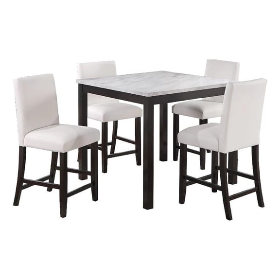 Wesley 5pc Dining Table Set- White Faux-Leather- Faux Marble- Dark Brown