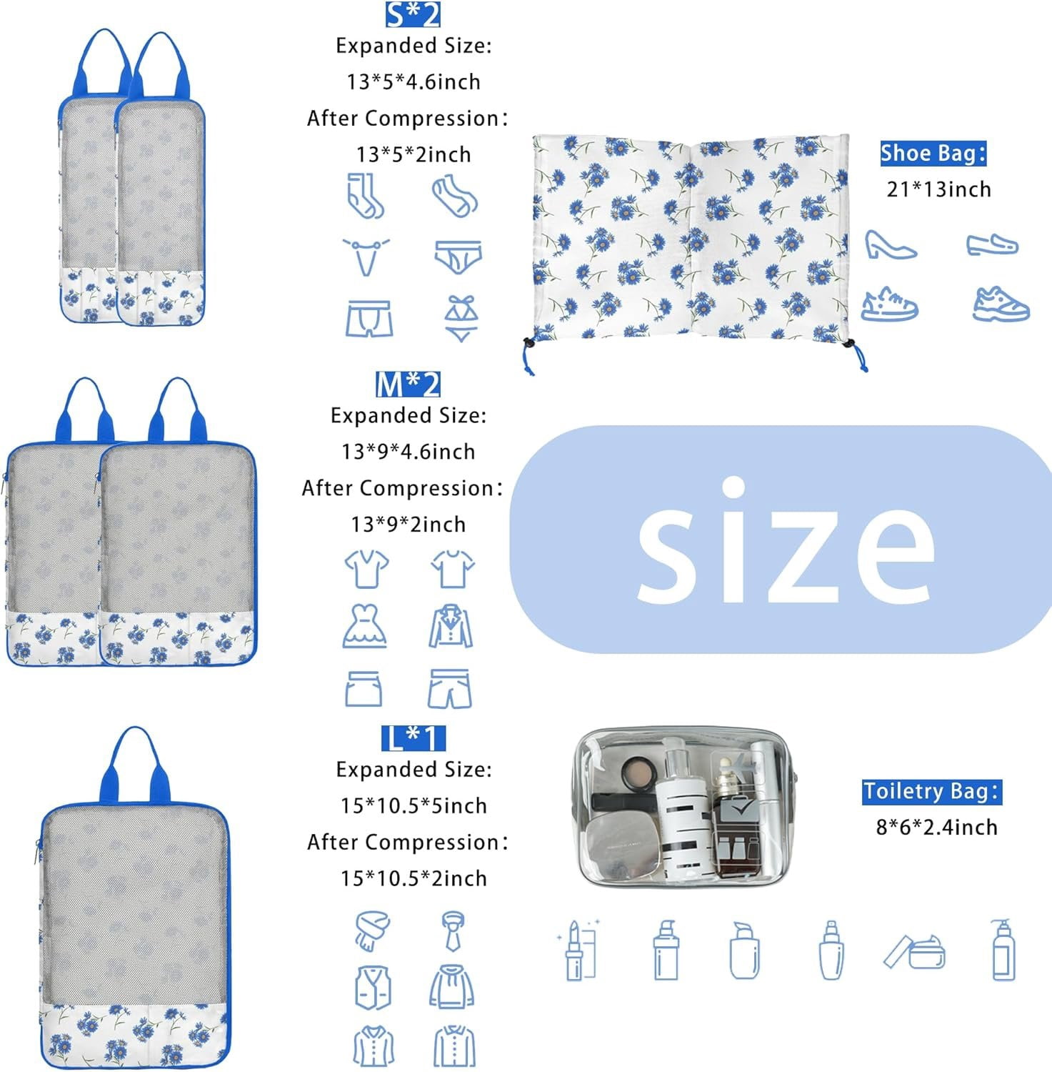 7 count Compression Packing Cubes for Travel Luggage, Lightweight Suitcase Organizer Bags Set, Compression Packaging Cube for Travel Essentials, Packing Cubes for Carry  Suitcase