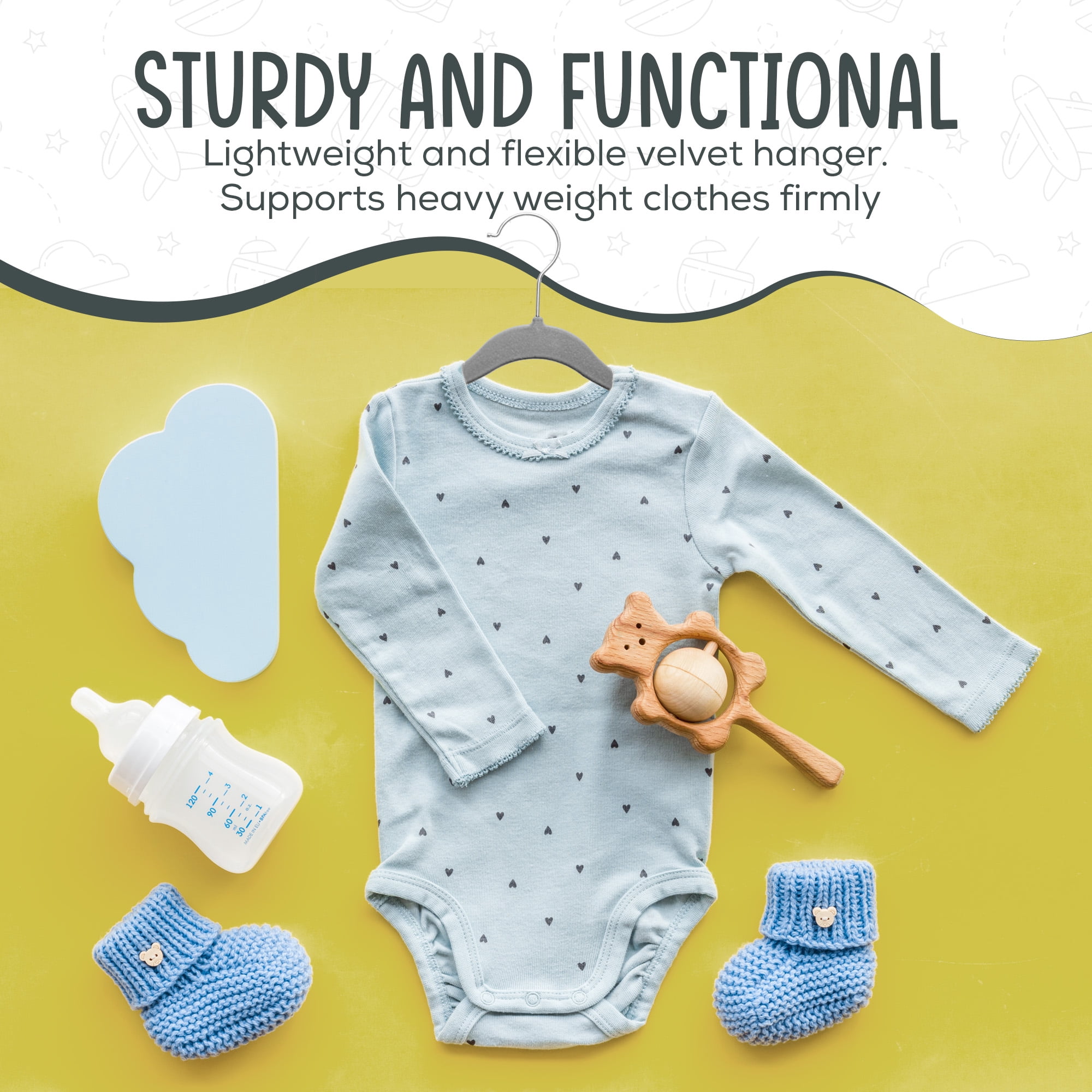 Techzoo Premium Baby Velvet Hangers 30 Pack – 11.8" Non Slip Felt Cloth Hangers for Closet – Ultra Slim, Space Saving Baby Clothes Hangers with 360° Swivel Hook Infant Hangers – Gray