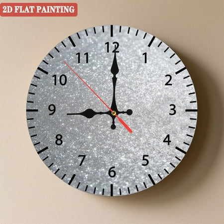 Wooden Wall Clock with Silver Glitter Texture Background, Silent Movement, Battery Operated (AA Batteries Not Included), Artistic Home Decor, 10×10inch (25×25cm)
