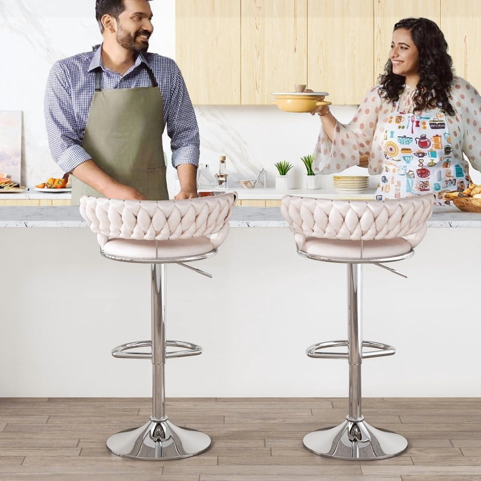 Baxluxe Velvet Bar Stool Set of 4, 360 Degree Swivel Bar Chair with Footrest & Backrest, 4 Pieces Adjustable Barstool Dining Chairs, Counter Height High Stool Pub Chair for Kitchen Island, Beige
