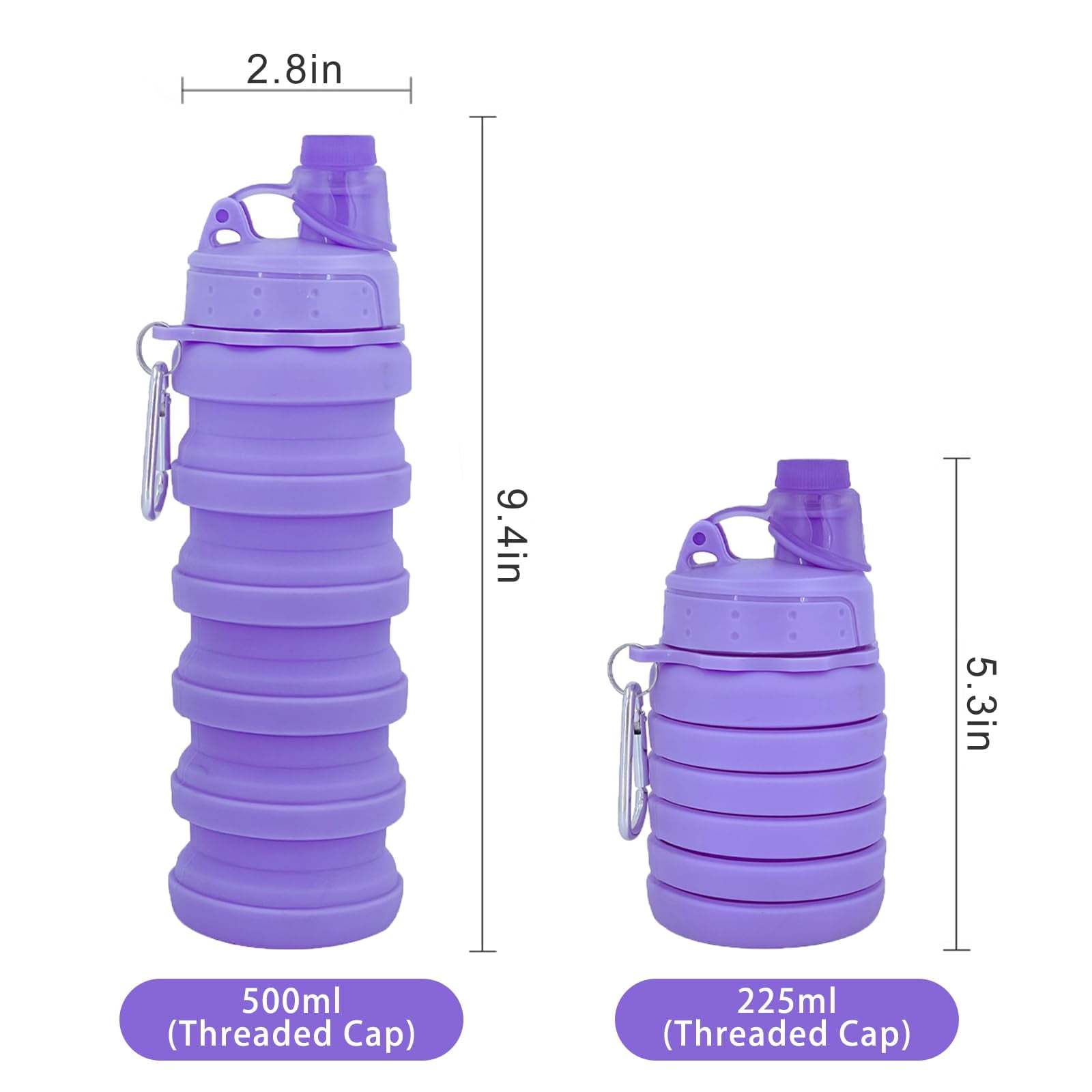 Collapsible Water Bottles Two Pack Travel Sports Portable Sport Water Bottle comes with mountaineering Buckle 500ml silicone Water-proof camping water bottle (Purple and Grey Color)