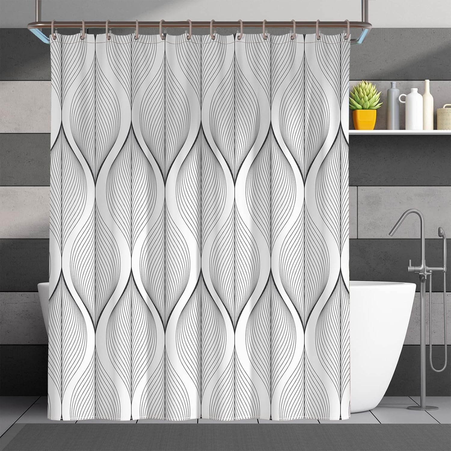 White and Black Shower Curtain for Bathroom Abstract Geometric Shower Curtain Waterproof Fabric Shower Curtains with Hooks 72"W x 96"L (Pack of 1)