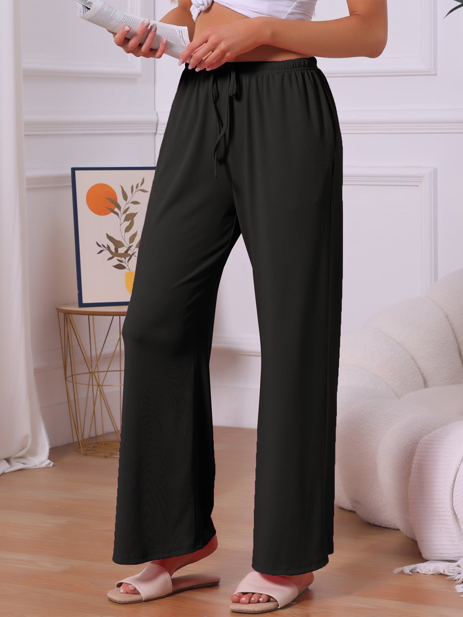 DARING DIVA Women's Wide Leg Ribbed Knit Comfy Loose Fit Pajama Bottoms 2XL Black