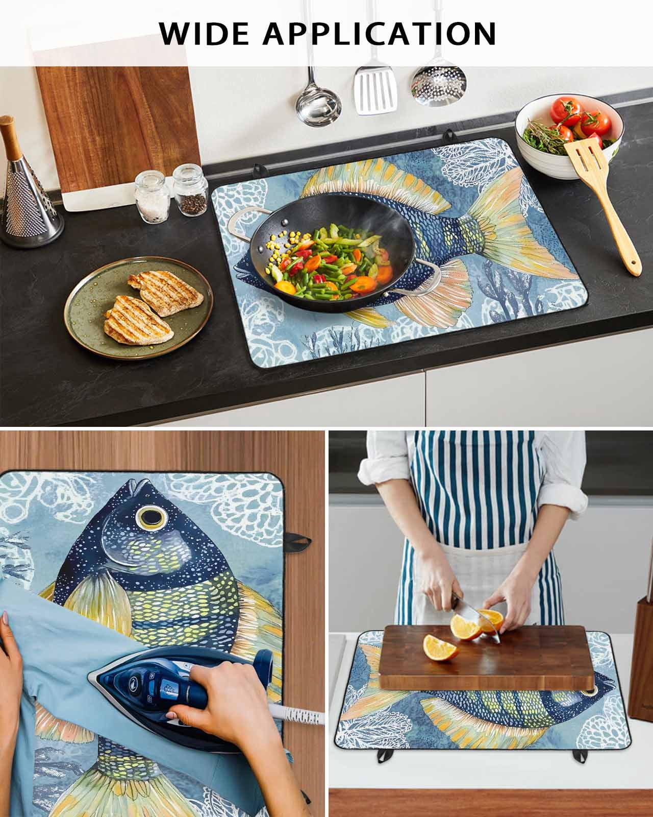 nqOlkjepod Large Induction Cooktop Protector Mat 24"x21", Blue Yellow Fish Stove Top Covers for Electric Stove, Summer Ocean Watercolor Coral Stove Burner Cover Mats, Glass Top Stove Cover