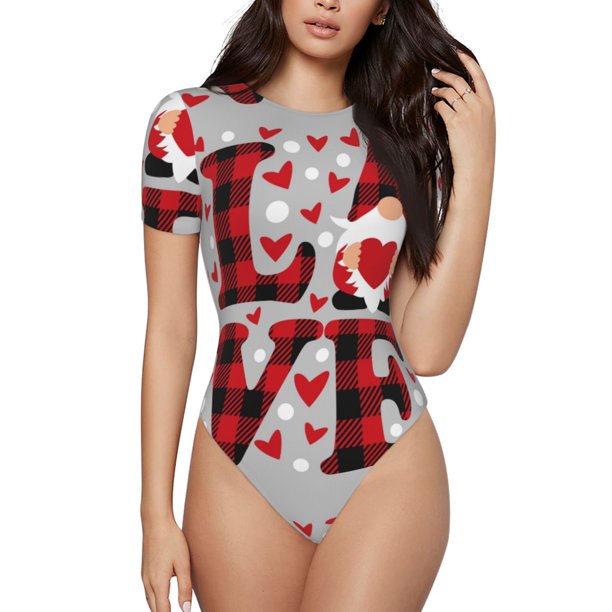 Fotbe Buffalo Plaid Love And Gnome Body de Mujer con Cuello Redondo y Mangas Cortas, Sin Mangas Ajustado, Suave, Cómodo y Básico-X-Large