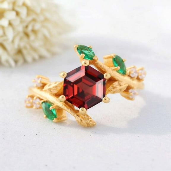 JEWELRYTREASURE 1.5 ct / 6 mm Hexagon Garnet Ring Emerald Diamond Twig Leaf Jewelry Art Deco Wedding Ring January Birthstone Anniversary Gift for Her