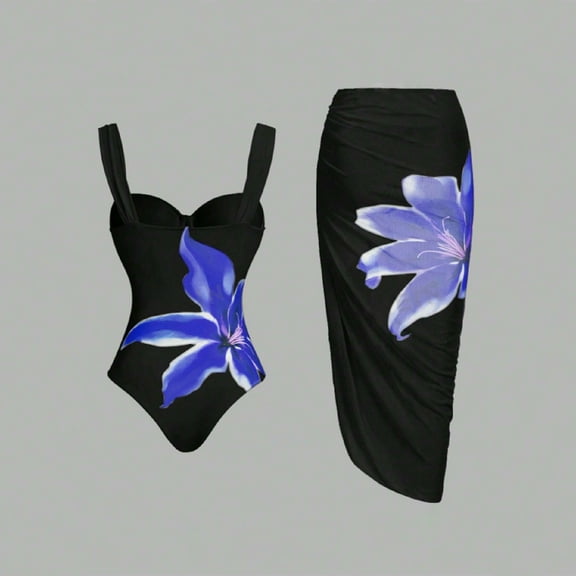 Sakmal Tummy Control Bathing Suit for Women Blue Two Piece Sets Backless One-Piece Bathing Suits Full Coverage Swimsuit Sets