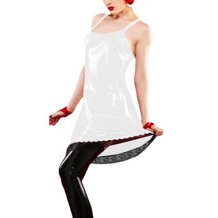 Night Party Sexy PVC Leather Spaghetti Strap A-line Dress Women Lingerie Female Sleeveless Sling Pajamas