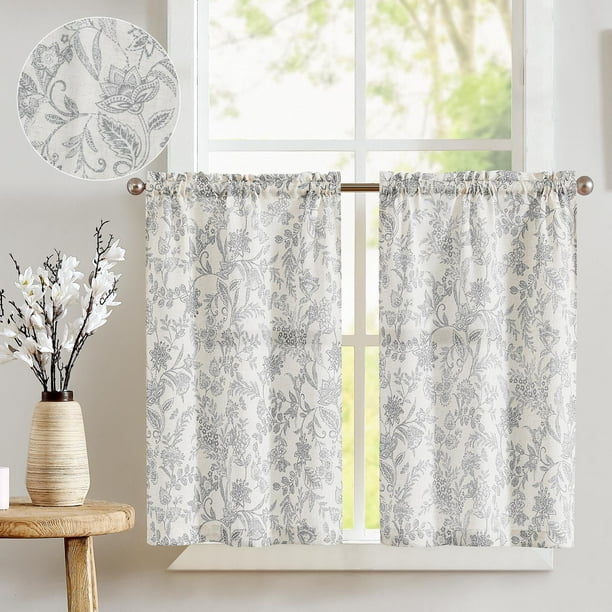 Cortinas Jinchan Floral para Cocina 36 cm Lino Gris Paneles de 2 Niveles