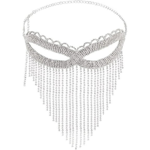 1 pc Iron Headwear Masquerade Masks Crystal Rhinestone Tassel Eye Mask with Lobster Claw Clasp & Chain Extender for Party Costume Accessories Silver Color Plated 680mm