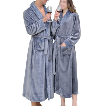 

Frontwalk Men Loose Solid Color Dressing Gown Long Sleeve Warm Fuzzy Plush Bathrobes Unisex Adults V Neck Home Fleece Robe Grey 3XL