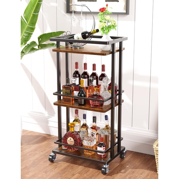 Carrito de bar OKZEST de 3 niveles, tamaño mini licor, madera marrón
