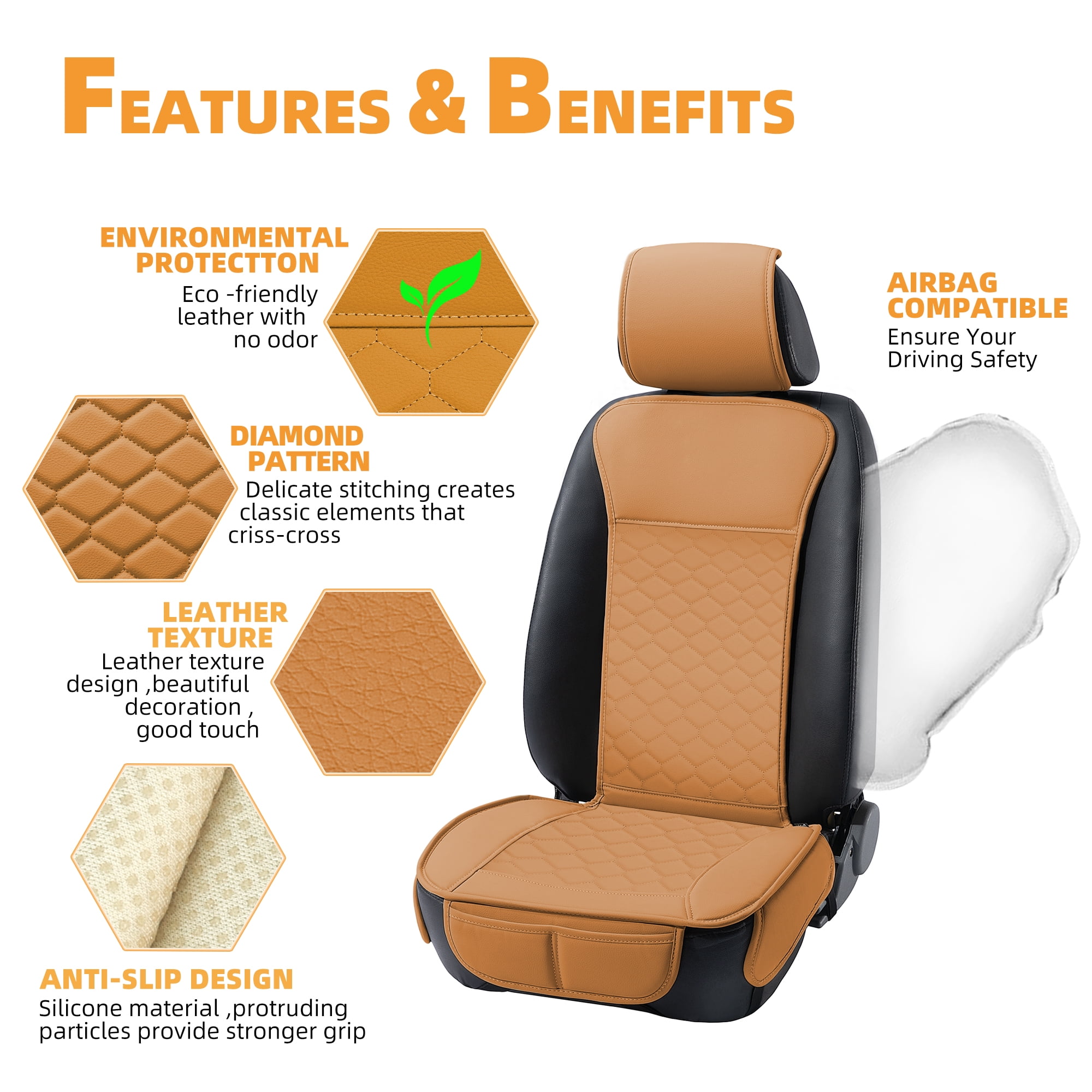 Elantrip 2PCs Front Car Seat Covers Leather Water Proof Seat Universal Fit for Most Cars SUVs Brandy
