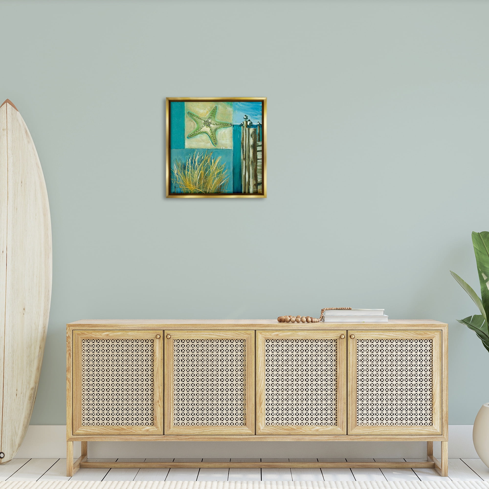 Stupell Industries Modern Beach Dock Collage Landscape Painting Gold Floater Framed Canvas Art Print Wall Art, 25 x 25